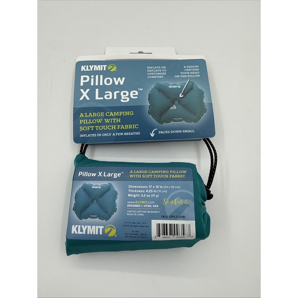Klymit Pillow X Large Inflatable Travel Pillow Teal 17"x 12"x 4.25" 3.2 oz